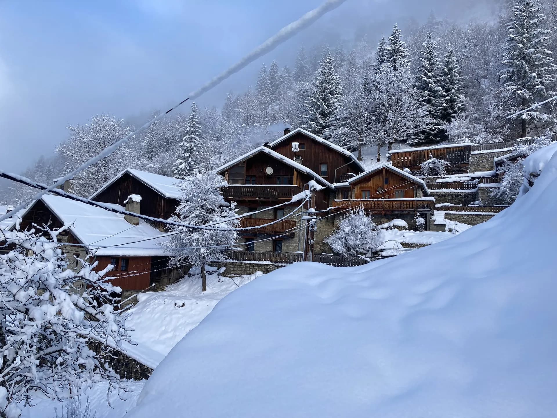 Chalets en bois sous la neige avec sapins enneigés