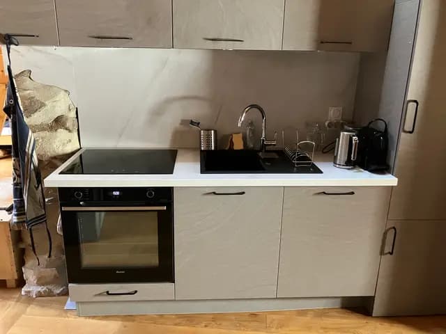 Cuisinière à bois et four en inox dans la cuisine équipée