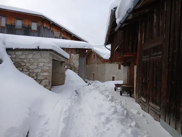 Chemin enneigé entre chalets en bois
